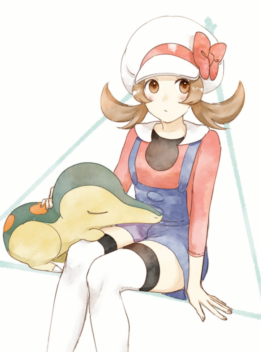 1girl asuka_rkgk blue_overalls blush brown_eyes brown_hair closed_mouth cyndaquil eyelashes flipped_hair gen_2_pokemon hat highres lyra_(pokemon) nintendo overalls pokemon pokemon_(creature) pokemon_hgss pokemon_on_leg shirt sitting thighhighs twintails white_hat white_thighhighs