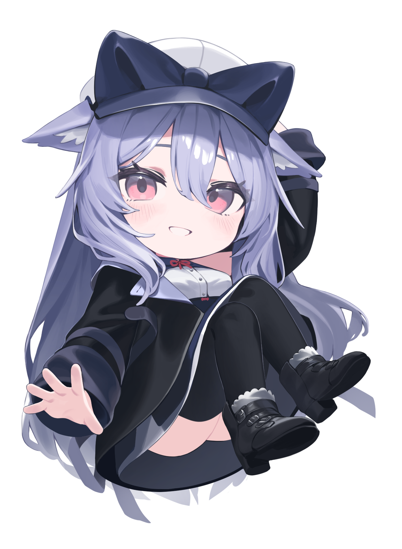 1girl animal_ear_fluff animal_ears arm_up ass black_jacket black_shoes black_thighhighs blue_bow blue_hair blush boots bow breasts cat_ears chibi full_body fur_trim grin hair_between_eyes hand_on_headwear hat hat_bow highres jacket kikyo_(vrchat) long_hair long_sleeves looking_at_viewer medium_breasts open_clothes open_jacket pink_eyes ponderogen purple_hair red_eyes shirt shoes simple_background skirt smile solo thighhighs transparent_background very_long_hair vrchat white_background white_shirt