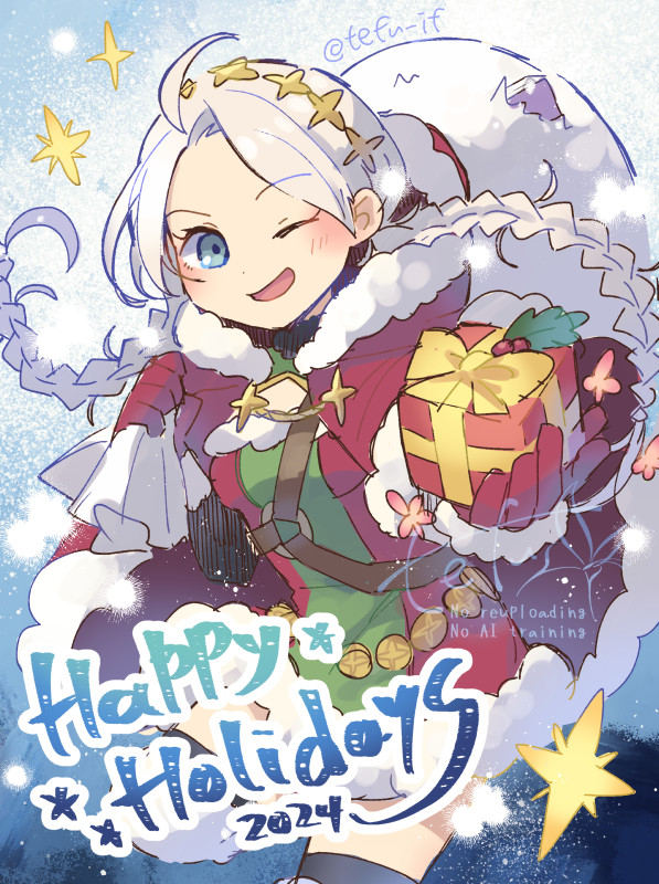 1girl 2024 ahoge alternate_costume blue_eyes box braid breasts capelet christmas dress fire_emblem fire_emblem_fates fire_emblem_heroes fur-trimmed_dress fur_trim gift gift_box hairband happy_holidays harness holding holding_sack hood hooded_capelet long_hair looking_at_viewer low_twin_braids low_twintails medium_breasts nina_(fire_emblem) nintendo o-ring o-ring_harness one_eye_closed open_mouth parted_bangs red_hood sack santa_capelet santa_costume santa_dress solo tefutene twin_braids twintails white_fur white_hair