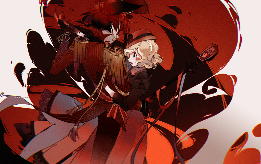 1boy 1girl alastor_(hazbin_hotel) blonde_hair blush_stickers charlie_morningstar dancing demon_boy demon_girl dress hazbin_hotel holding_hands kawacy medium_hair red_eyes sharp_teeth teeth