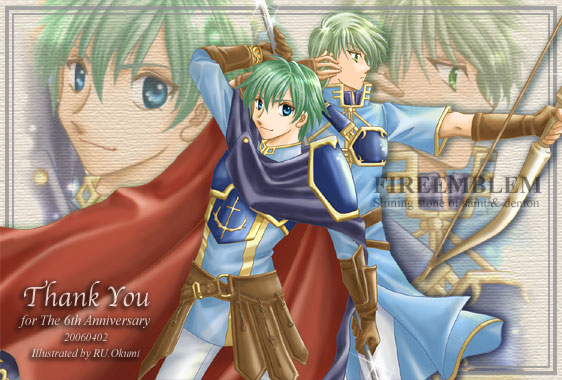 2boys armor artist_name blue_armor blue_cape blue_eyes bow_(weapon) cape copyright_name dated ephraim_(fire_emblem) fire_emblem fire_emblem:_the_sacred_stones green_hair holding holding_bow_(weapon) holding_polearm holding_weapon innes_(fire_emblem) multiple_boys nintendo okumi pauldrons polearm red_cape short_hair shoulder_armor two-tone_cape weapon