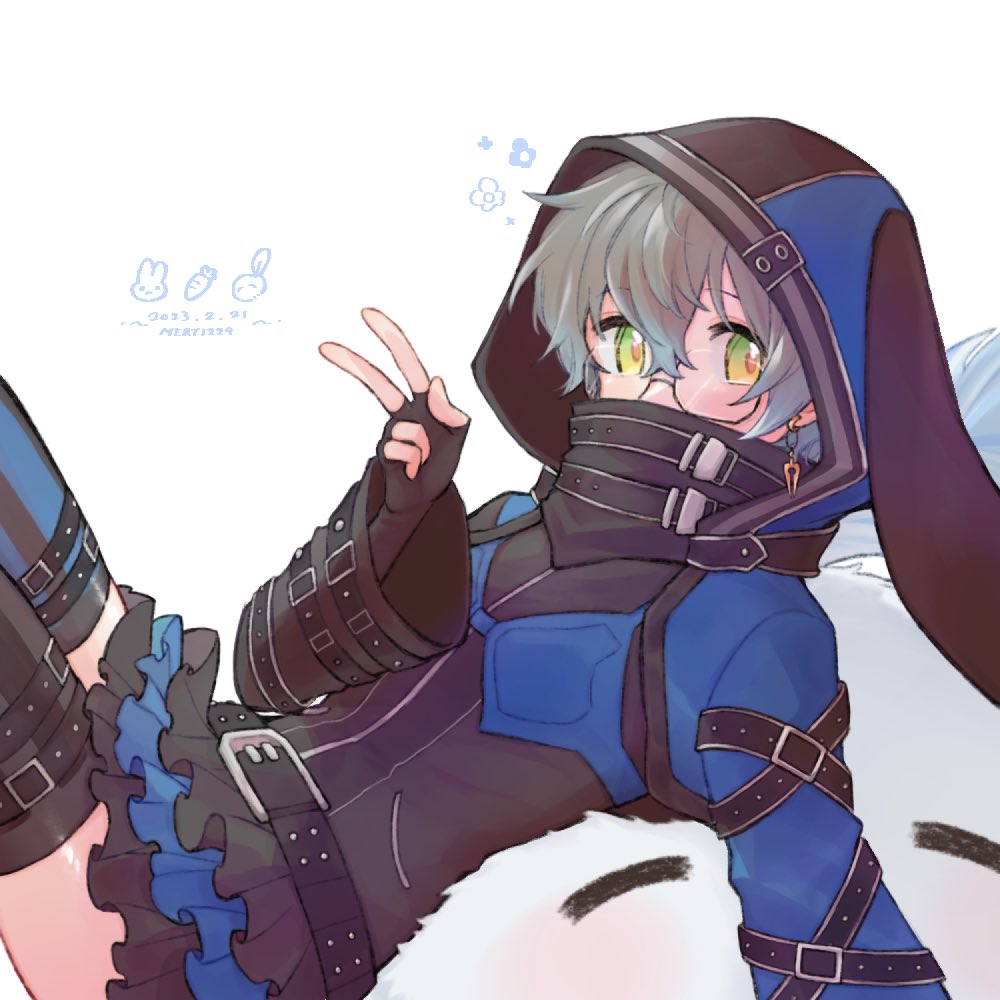 1boy animal_hood black_gloves blue_hair blue_skirt cosplay crossdressing effole_(fairy_fencer_f) effole_(fairy_fencer_f)_(cosplay) fairy_fencer_f fingerless_gloves glasses gloves gradient_hair green_eyes high_collar hood hood_up ike_eveland layered_skirt looking_at_viewer male_focus meat_(1229) microskirt multicolored_hair nijisanji nijisanji_en quilldren_(ike_eveland) rabbit_hood simple_background skirt solo striped_clothes thighhighs tiered_skirt trap v vertical-striped_clothes virtual_youtuber white_background wide_sleeves yellow_eyes zettai_ryouiki