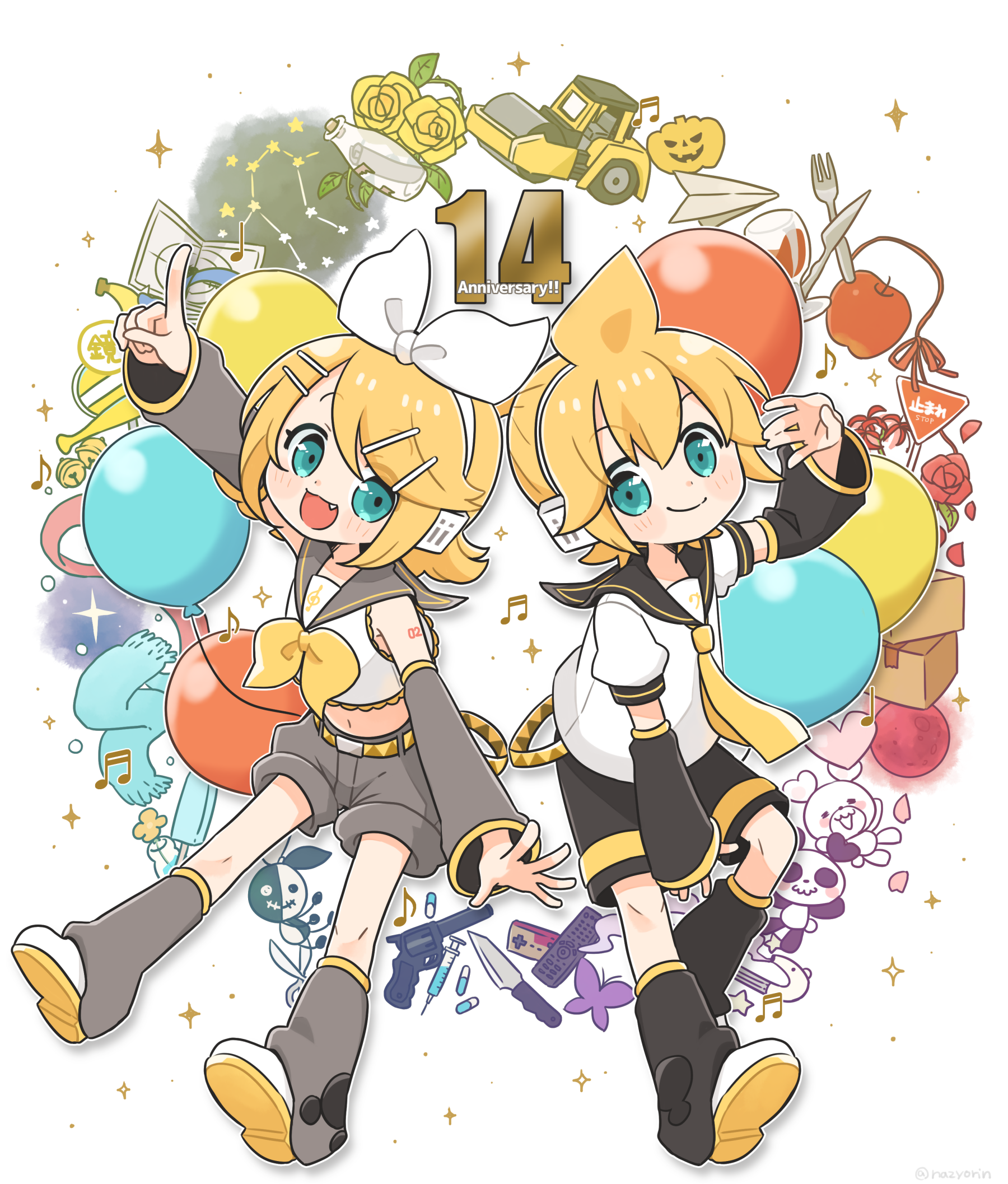 1boy 1girl anniversary apple aqua_eyes aqua_scarf arm_at_side arm_up balloon banana bare_shoulders beamed_sixteenth_notes bell belt between_legs black_sailor_collar black_shorts blonde_hair blush_stickers bottle bow box bug butterfly circle closed_mouth colorful constellation contrapposto controller crop_top cup dagger detached_sleeves dot_nose drink drinking_glass eyes_visible_through_hair fang flower food fork fringe_trim fruit full_body full_moon game_controller gemini_(constellation) grey_pants grey_sailor_collar gun hair_between_eyes hair_bow hair_ornament hairclip hand_between_legs handgun headset heart highres index_finger_raised insect jar kagamine_len kagamine_rin knee_up knife leaf leg_warmers legs_apart light_blush light_particles m/ midriff moon musical_note musical_note_print najo navel neckerchief necktie open_mouth outline pants paper paper_airplane petals pill plant popsicle puffy_short_sleeves puffy_sleeves pumpkin purple_butterfly quarter_note red_flower red_moon red_ribbon red_rose remote_control revolver ribbon rose rose_petals sailor_collar scarf scissors shoe_soles shoes short_hair short_sleeves shorts side-by-side sign simple_background smile sparkle spider_lily star_(symbol) steamroller string stuffed_animal stuffed_panda stuffed_toy syringe teddy_bear thorns treble_clef vines vocaloid weapon white_background white_bow white_footwear white_outline yellow_belt yellow_flower yellow_neckerchief yellow_necktie yellow_rose