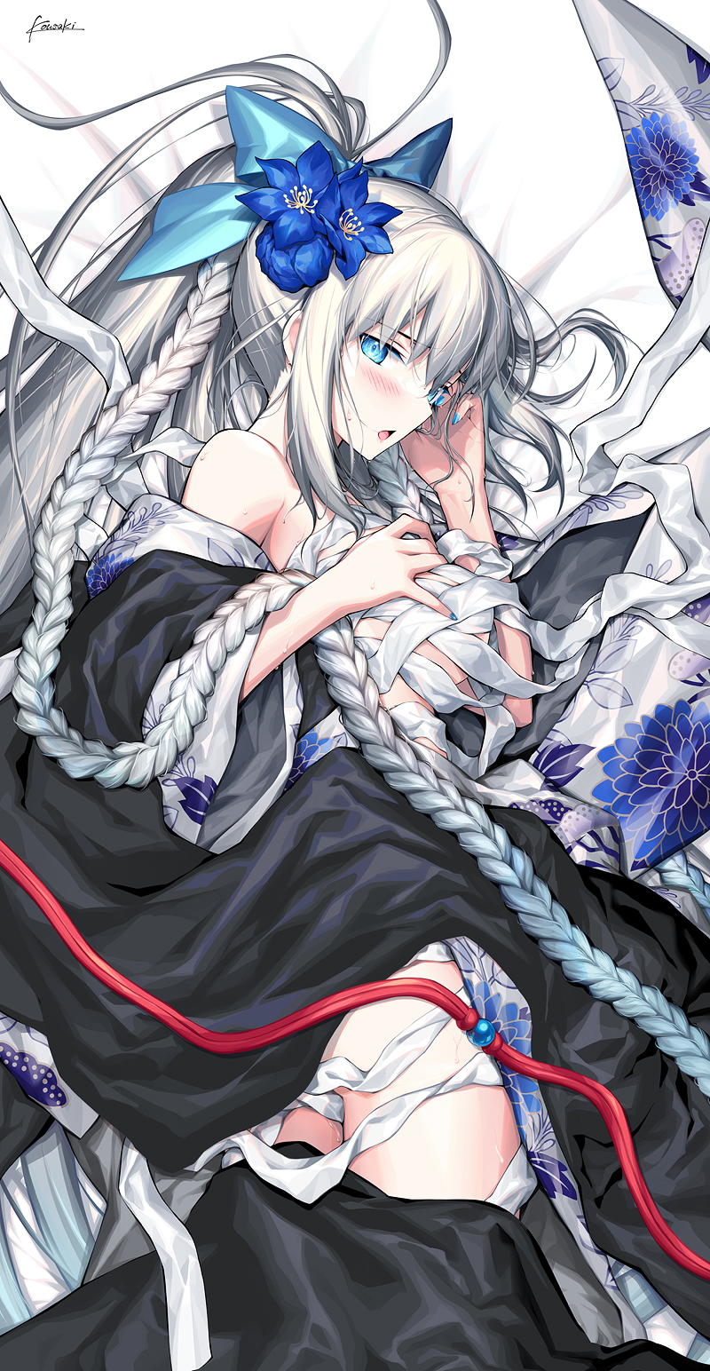 1girl black_bow black_kimono blue_eyes blush bow braid breasts fate/grand_order fate_(series) flower grey_hair hair_bow hair_flower hair_ornament highres japanese_clothes kimono kousaki_rui large_breasts long_hair looking_at_viewer morgan_le_fay_(fate) morgan_le_fay_(fgo_fes._2023)_(fate) open_mouth ponytail sidelocks solo very_long_hair