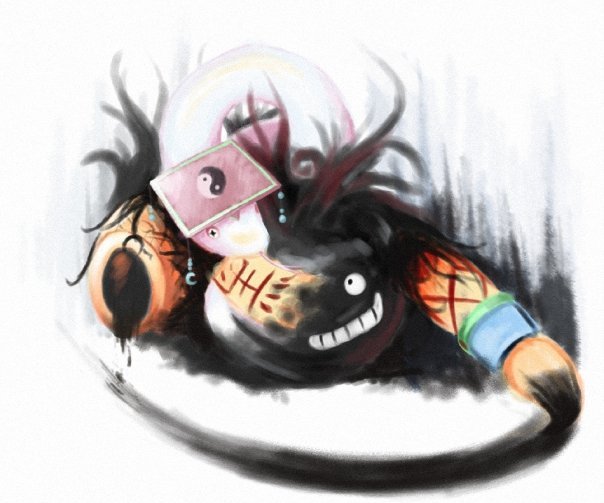 asakiwaki brown_hat chinese_clothes darkness demon evil_snake_lord full_body guan_hat hat ink mian_guan monster no_humans paintbrush ragnarok_online simple_background snake third-party_source white_background white_snake yin_yang yin_yang_print