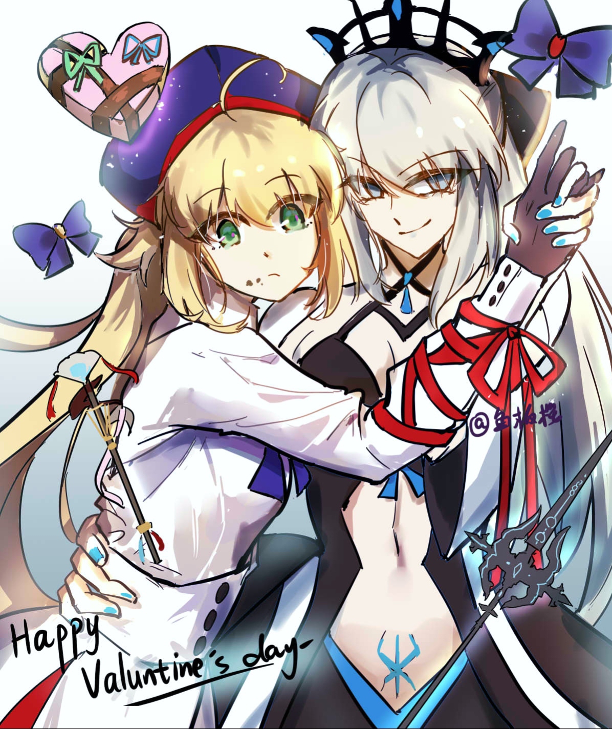 2girls alizi795 artist_name artoria_caster_(fate) artoria_caster_(second_ascension)_(fate) artoria_pendragon_(fate) black_bow blonde_hair blue_eyes bow fate/grand_order fate_(series) hair_between_eyes hair_bow hat highres long_hair looking_at_viewer morgan_le_fay_(fate) morgan_le_fay_(third_ascension)_(fate) multiple_girls nail_polish ponytail smile stomach_tattoo tattoo tiara very_long_hair white_hair