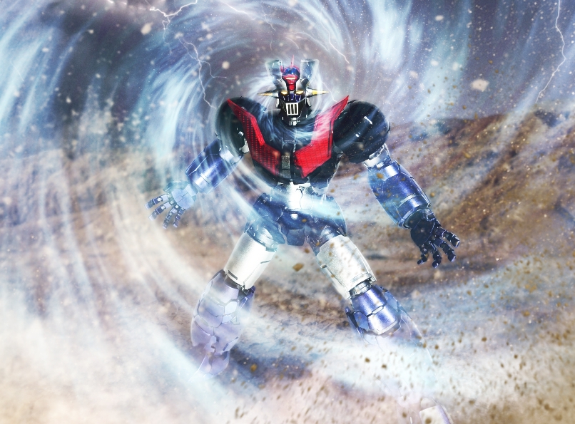 battle debris dust firing firing_at_viewer kazupeta looking_at_viewer mazinger_(series) mazinger_z mazinger_z:_infinity mazinger_z_(mecha) mecha mecha_focus no_humans realistic robot science_fiction sketch super_robot wind