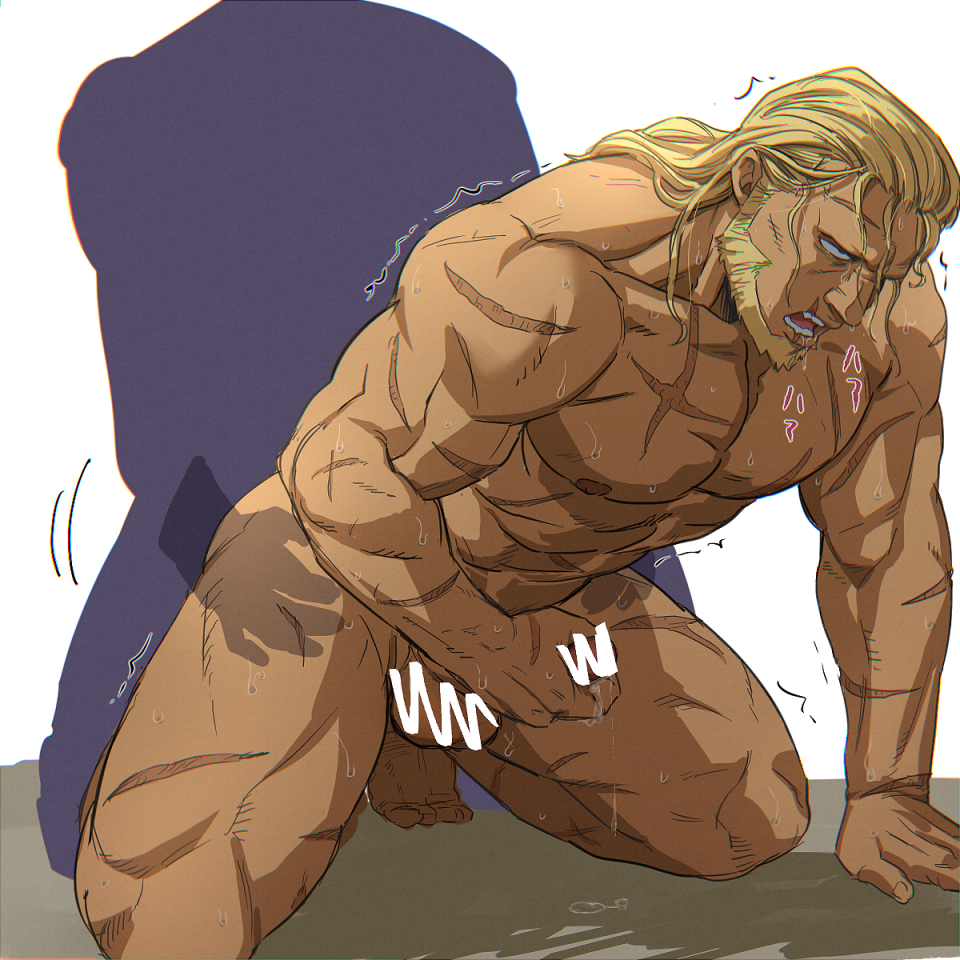2boys abs bara beard big_nose blonde_hair censored completely_nude dark-skinned_male dark_skin facial_hair hand_on_another&#039;s_thigh implied_anal invisible_man kneeling large_pectorals leaning_forward long_hair male_focus male_penetrated mature_male messy_hair motion_lines multiple_boys muscular muscular_male nipples nude pectorals precum scar scar_on_chest scar_on_face scar_on_forehead scar_on_mouth scribble_censor sex sex_from_behind solo_focus sweat thorgil torogao translation_request trembling very_sweaty vinland_saga wrinkled_skin yaoi zoku_bu