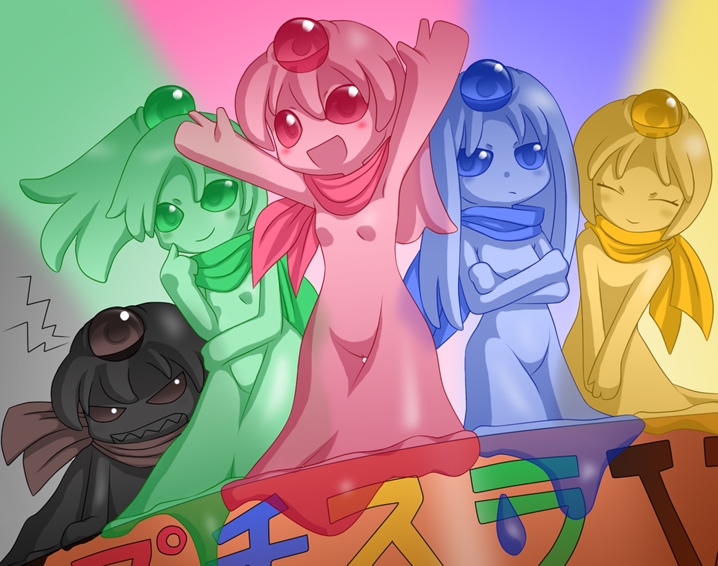5girls angry black_hair blonde_hair blue_eyes blue_hair blush bored brown_eyes closed_eyes crossed_arms dutch_angle green_eyes green_hair happy long_hair monster_girl multiple_girls nollety omitted_bits outstretched_arms pink_eyes pink_hair puchisura_5 scarf see-through_clothes semiliquid sharp_teeth short_hair slime_girl smile teeth transparent