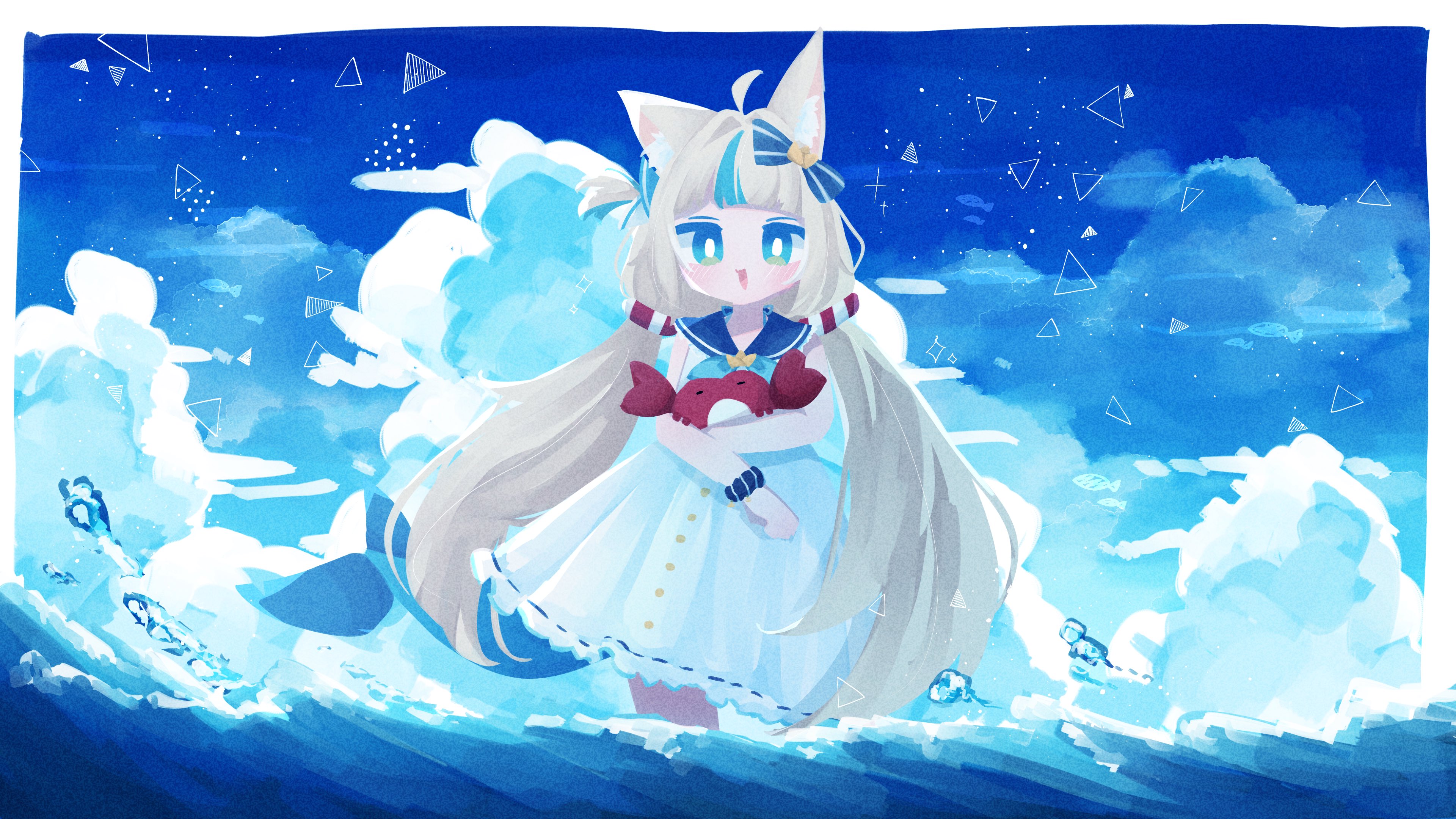 1girl absurdres ahoge blonde_hair blue_bow blue_eyes blue_hair blue_scrunchie blue_sky bow cloud crab dress fins fish_girl fish_tail hair_bow highres holding hyou_1027 indie_virtual_youtuber lifebuoy_hair_ornament long_hair low_twintails multicolored_hair one_side_up sameko_saba scrunchie sky sleeveless sleeveless_dress smile solo streaked_hair tail twintails very_long_hair virtual_youtuber wading water white_dress