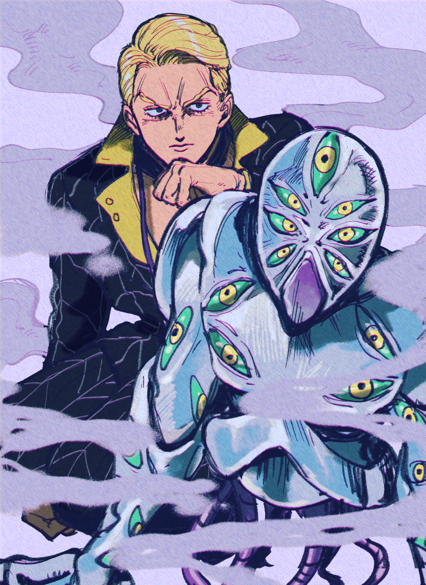 1boy blonde_hair blue_eyes colored_sclera commentary extra_eyes formal_clothes green_sclera highres jewelry jojo_no_kimyou_na_bouken necklace oniyama831 prosciutto short_hair smoke smoke_trail stand_(jojo) the_grateful_dead_(stand) too_many_eyes vento_aureo