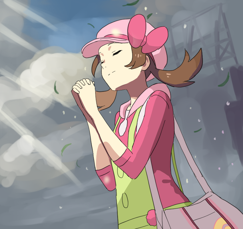 1girl bag bow brown_hair closed_eyes cloud commentary_request creatures_(company) dutch_angle game_freak green_overalls hat hat_bow interlocked_fingers leaf light_rays lyra_(pokemon) nintendo official_alternate_color overalls own_hands_together pink_bow pink_hat pink_shirt pokemon pokemon_masters_ex praying profile pumpkinpan shirt solo sunlight twintails upper_body