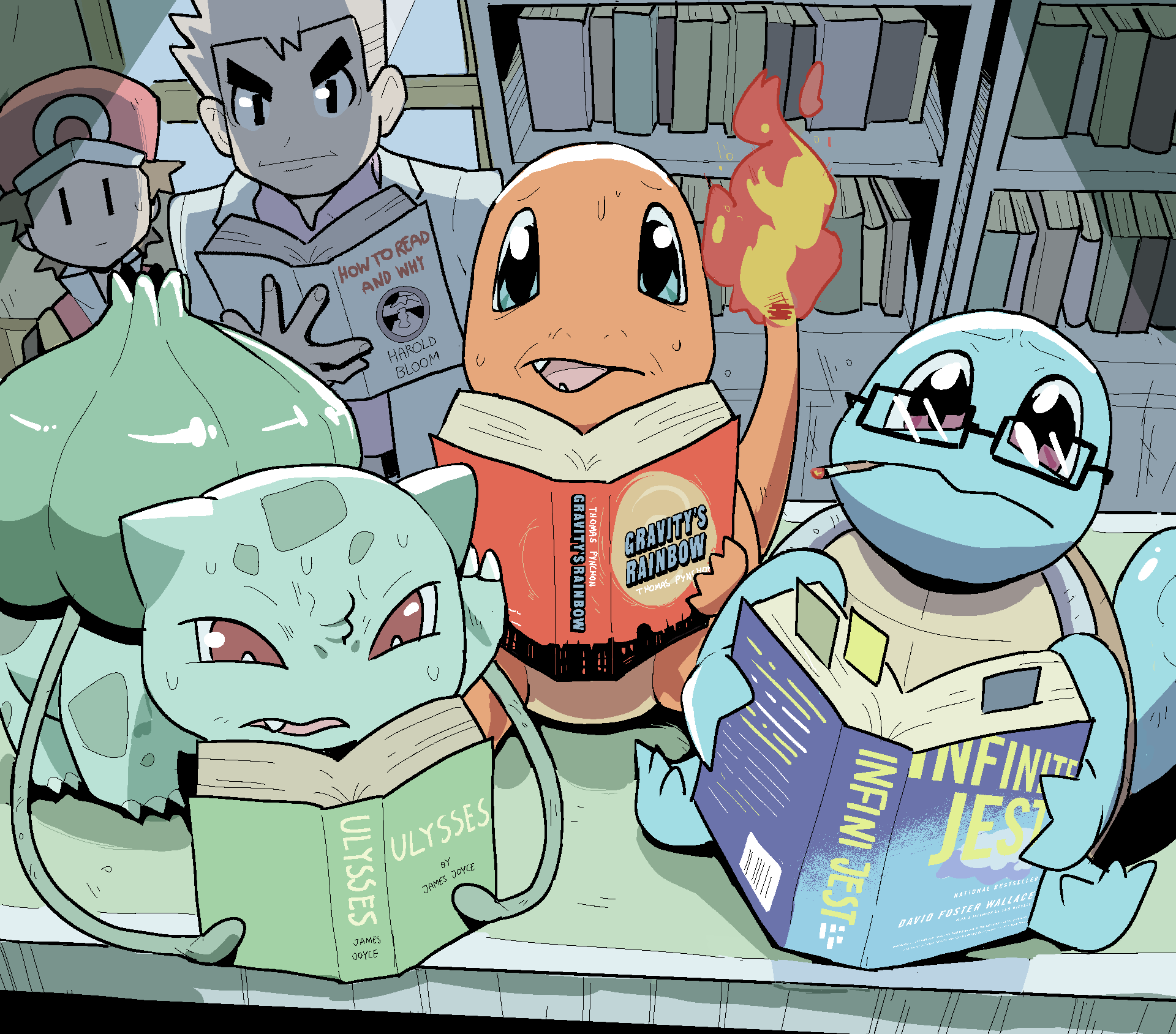 2boys baseball_cap book bookshelf bulbasaur charmander cigarette confused gen_1_pokemon glasses gravity&#039;s_rainbow grey_hair hat highres holding holding_book infinite_jest multiple_boys nintendo pokemon pokemon_(creature) pokemon_frlg psicochurroz red_(pokemon) professor_oak short_hair squirtle ulysses_(novel) |_|