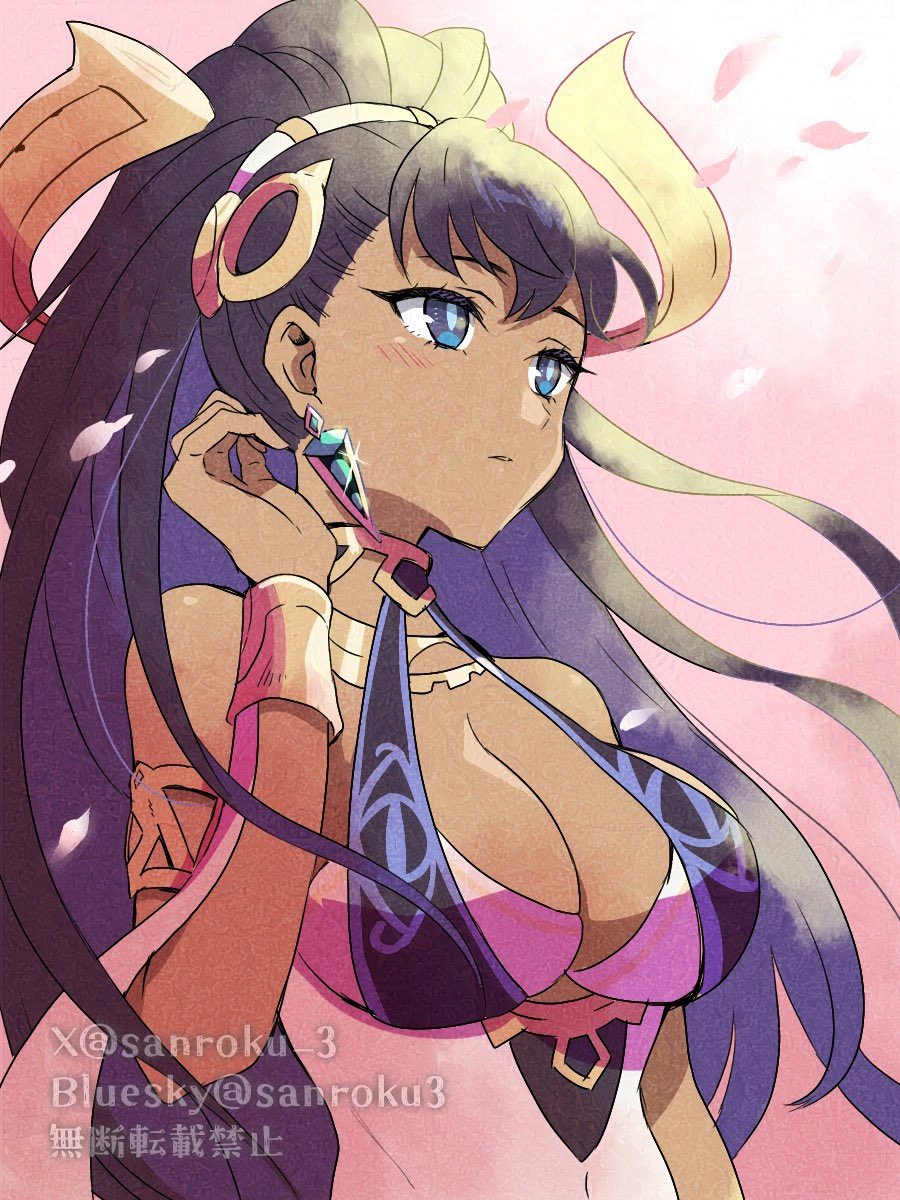 1girl armlet bare_shoulders black_hair blue_eyes blush breasts cleavage covered_navel earrings floating_earring gold hair_ornament hand_in_own_hair highres jewelry large_breasts leotard long_hair parted_lips ponytail sanroku_3 see-through_clothes see-through_leotard solo sotieth_(world_flipper) tan twitter_username upper_body world_flipper