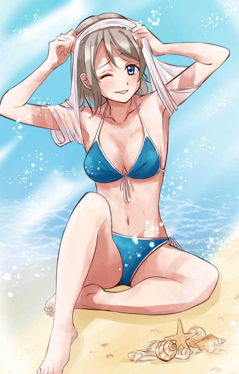 1girl abs bikini blue_eyes blush breasts brown_hair cleavage highres looking_at_viewer love_live! love_live!_sunshine!! navel one_eye_closed short_hair skt_(ryxxxxx) smile swimsuit thighs watanabe_you