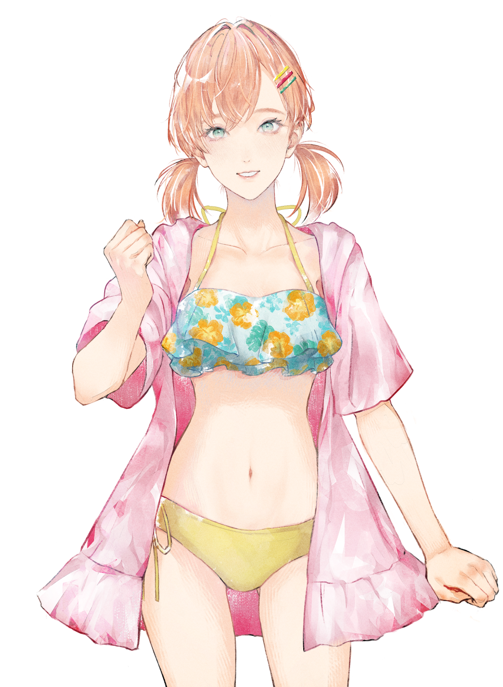 1girl aqua_eyes bikini breasts clenched_hands collarbone commentary_request cowboy_shot floral_print frilled_bikini frilled_jacket frills gluteal_fold hair_ornament hairclip halterneck highres hinoshita_kaho hinoshita_kaho_(swimsuit) jacket jacket_over_swimsuit link!_like!_love_live! love_live! low_twintails medium_breasts medium_hair mismatched_bikini navel official_alternate_costume open_clothes open_jacket orange_hair pink_jacket print_bikini short-sleeved_jacket short_sleeves simple_background solo stomach swimsuit twintails white_background yellow_bikini yoruneko_yashiro