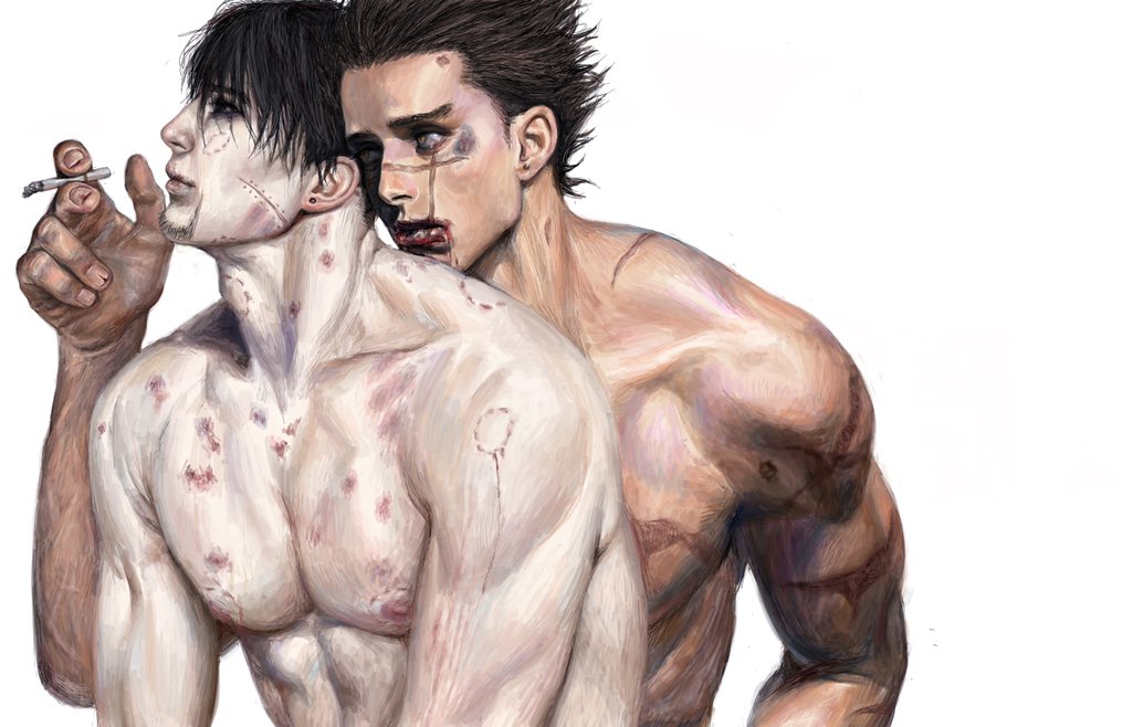 2boys bite_mark bite_mark_on_arm bite_mark_on_neck bite_mark_on_shoulder bruise bruise_on_face cigarette golden_kamuy hickey implied_yaoi injury longwandb male_focus multiple_boys nude ogata_hyakunosuke simple_background sugimoto_saichi
