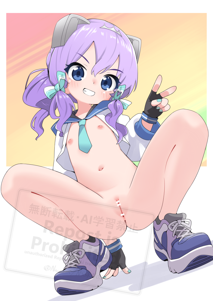 1girl bar_censor black_gloves blue_eyes blue_neckerchief blue_necktie blue_shoes bottomless censored cleft_of_venus fang fingerless_gloves flat_chest gloves grin jacket kantai_collection langley_(kancolle) loli long_sleeves looking_at_viewer low-tied_sidelocks medium_hair nassukun navel neckerchief necktie nipples parted_lips ponytail puffy_long_sleeves puffy_sleeves purple_hair pussy shoes sidelocks smile sneakers solo spread_legs squatting teeth v watermark white_jacket
