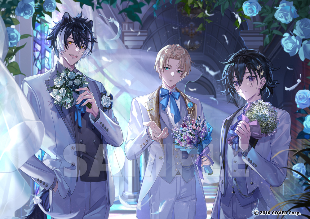 3boys :d alternate_costume alternate_hairstyle animal_ears arch arm_at_side ascot baby&#039;s-breath beckoning black_hair black_vest blonde_hair blue_bow blue_bowtie blue_eyes blue_flower blue_ribbon blue_rose bouquet boutonniere bow bowtie buttons closed_mouth collared_shirt colored_lapels copyright_notice cowboy_shot cuff_links curtains double-breasted ear_piercing falling_feathers fangs feathers flower formal_clothes grey_shirt grey_vest groom hair_between_eyes hair_ornament hairclip hand_in_pocket hitokoto holding holding_bouquet holostars indoors jackal_boy jackal_ears jackal_tail jacket kageyama_shien kanade_izuru kishido_temma lapels lightning_bolt lightning_bolt_hair_ornament lightning_bolt_symbol long_sleeves looking_at_viewer low_ponytail male_focus medium_hair multicolored_hair multiple_boys notched_lapels official_art open_mouth pants parted_bangs peaked_lapels piercing pillar pink_flower ponytail purple_ascot purple_eyes purple_flower ribbon rose sample_watermark see-through_curtains shirt short_hair smile stained_glass standing suit sunlight tail two-tone_hair vest virtual_youtuber watermark white_feathers white_flower white_hair white_jacket white_pants white_rose white_shirt white_suit window yellow_eyes