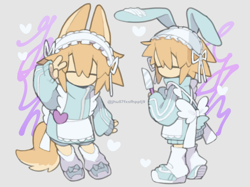 1girl animal_ears apron arm_up back_bow blonde_hair blue_jacket blue_shoes bow closed_eyes commentary_request deformed facing_viewer fake_animal_ears frilled_apron frills gauze grey_hair hair_ribbon hands_up heart holding holding_knife jacket jersey_maid knife leg_warmers long_sleeves looking_to_the_side maid maid_headdress medium_hair multiple_views no_mouth rabbit_ears regurusu_(nagarevosi) ribbon shoes sleeves_past_wrists sneakers tail track_jacket twitter_username unconventional_maid urotsuki v watermark white_apron white_leg_warmers white_ribbon wolf_ears wolf_girl wolf_tail yume_2kki