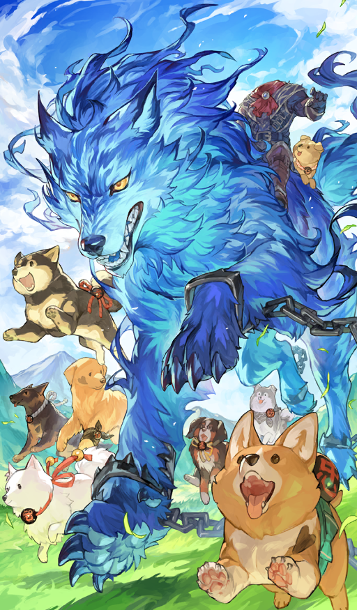 1boy animal animal_focus ascot belt bernese_mountain_dog black_belt black_gloves blue_shirt blue_sky boots brooch brown_boots chain closed_mouth cloud colored_sclera commentary cuffs daikaku_(fate) day dog fangs fate/grand_order fate_(series) genpachi_(fate) gloves golden_retriever grass hand_up headless hessian_(fate) horseback_riding husky japanese_spitz jewelry jumping kai_ken keno_(fate) kobungo_(fate) lobo_(fate) mountain multiple_dogs official_art open_mouth outdoors oversized_animal red_ascot red_eyes riding running shackles sharp_teeth shiba_inu shinbei_(dog)_(fate) shino_(fate) shirt size_difference sky sousuke_(fate) sunlight tachibana_dousetsu_(sengoku_providence) tapioka_chaso teeth third-party_source tongue tongue_out too_many too_many_dogs welsh_corgi wolf yellow_sclera