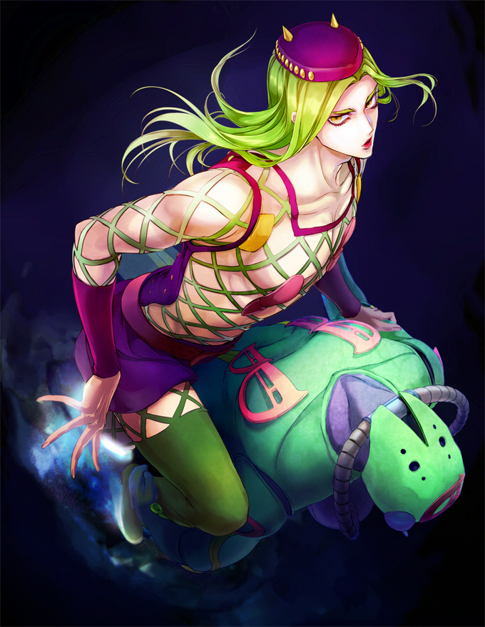 2boys diver_down_(stand) green_hair hat jojo_no_kimyou_na_bouken joka_(night_gate) long_hair male_focus multiple_boys narciso_anasui stand_(jojo) stone_ocean thighhighs yellow_eyes