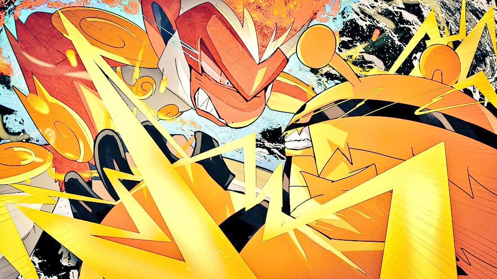 angry antennae battle clenched_teeth close-up electivire electricity facing_another fiery_hair fighting gen_4_pokemon infernape nintendo no_humans open_mouth pokemon pokemon_(creature) sharp_teeth teeth upper_body zeroartwo