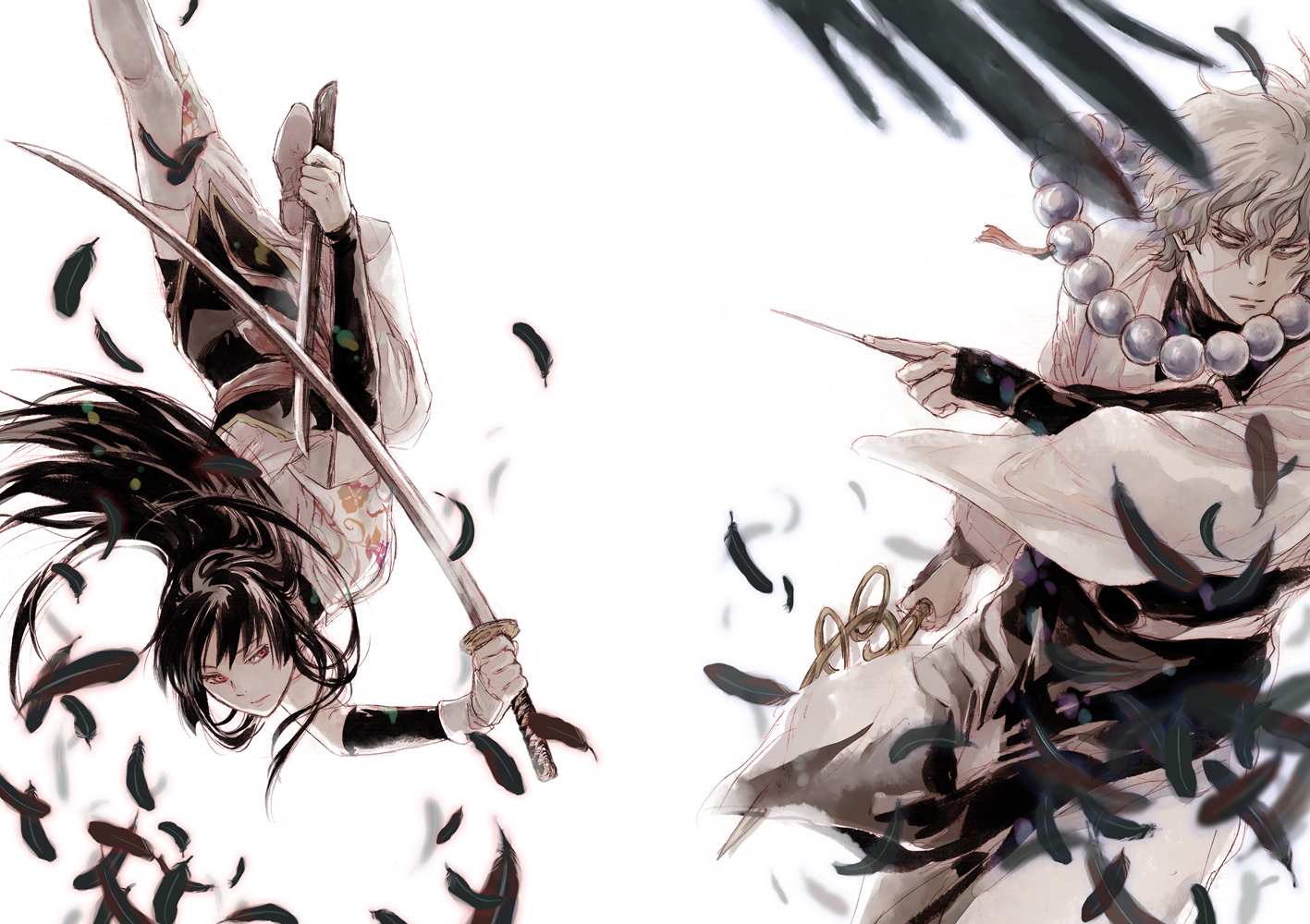 acaco beads bird black_hair crow falling_feathers feathers gintama grey_hair holding holding_sword holding_weapon imai_nobume japanese_clothes jewelry man_catcher necklace needle oboro_(gintama) prayer_beads red_eyes scar scar_on_face sword throwing_needles weapon white_background
