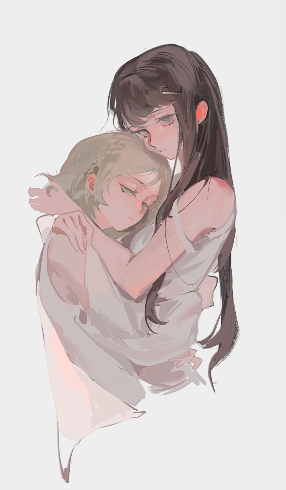 2girls braid brown_hair classicaloid closed_mouth eyelashes grey_background grey_eyes hair_ornament hairclip highres hug long_hair looking_at_viewer multiple_girls octahooves pyotr_illyich_tchaikovsky_(classicaloid) shirt simple_background strap_slip tekla_badarzewska-baranowska_(classicaloid) white_shirt yuri