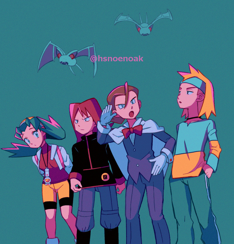 1girl 3boys :o bike_shorts black_jacket blonde_hair boots bow bowtie brown_hair closed_mouth eusine_(pokemon) gen_1_pokemon gloves green_background green_eyes green_hair green_headband green_pants green_shirt hand_in_pocket hat headband hsngamess jacket kris_(pokemon) long_hair morty_(pokemon) multiple_boys nintendo open_clothes open_jacket pants pants_tucked_in pokemon pokemon_(creature) pokemon_gsc red_bow red_bowtie red_hair red_shirt shirt silver_(pokemon) twintails twitter_username watermark yellow_headwear zubat