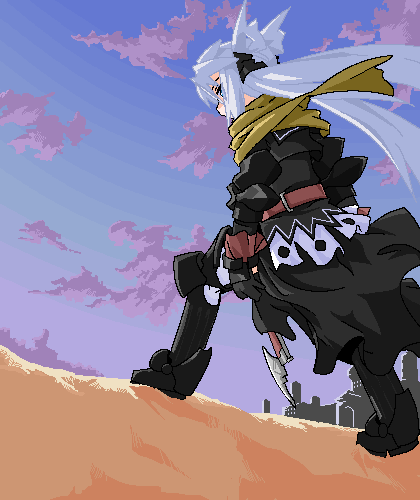1girl armor armored_boots belt black_boots black_coat black_gloves blue_eyes blue_sky boots cityscape cloud coat day female_focus from_behind gloves long_hair long_sleeves lowres mof mof&#039;s_silver_haired_twintailed_girl oekaki original outdoors scarf silver_hair sky solo standing thigh_boots thighhighs twintails very_long_hair weapon yellow_scarf