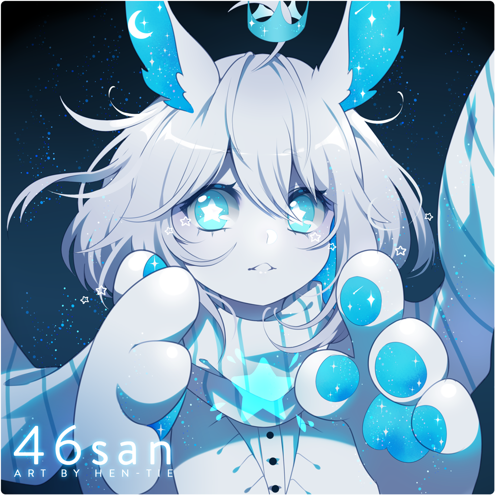 +_+ 1girl ahoge alternate_body_fluid animal_ears animal_hands blue_eyes borrowed_character colored_skin crown female_focus floating_tears grey_hair grey_skin hair_between_eyes hen-tie original portrait rabbit_ears scarf solo star_tears sweater symbol-shaped_pupils upper_body white_hair white_skin