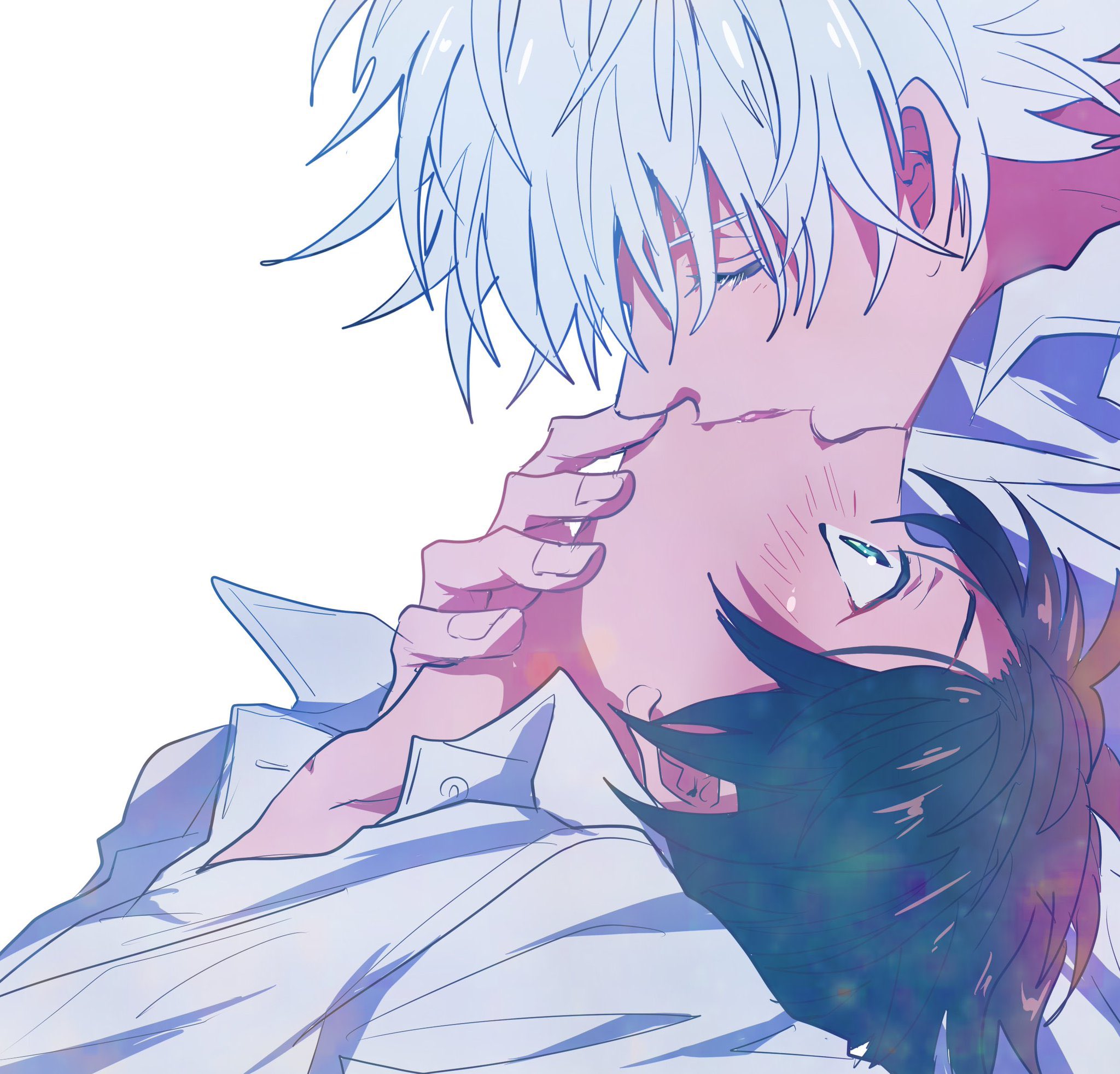 2boys blue_eyes blush coro_(leocorok) darren_shan closed_eyes highres kiss male_focus multiple_boys school_uniform short_hair steve_leonard the_saga_of_darren_shan white_hair yaoi