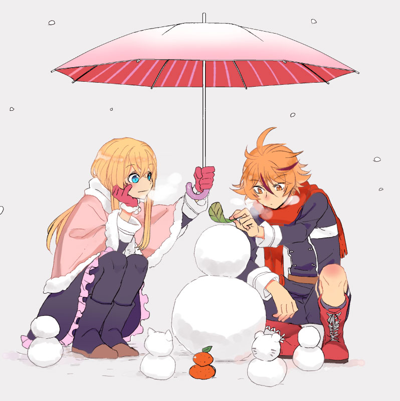 10s 2boys black_legwear blonde_hair blue_eyes boots brown_eyes brown_hair dress enpera gloves gotou_toushirou head_rest holding holding_umbrella kuronomine lace-up_boots male_focus midare_toushirou multiple_boys pantyhose pink_gloves poncho scarf shorts smile snowman squatting touken_ranbu trap umbrella