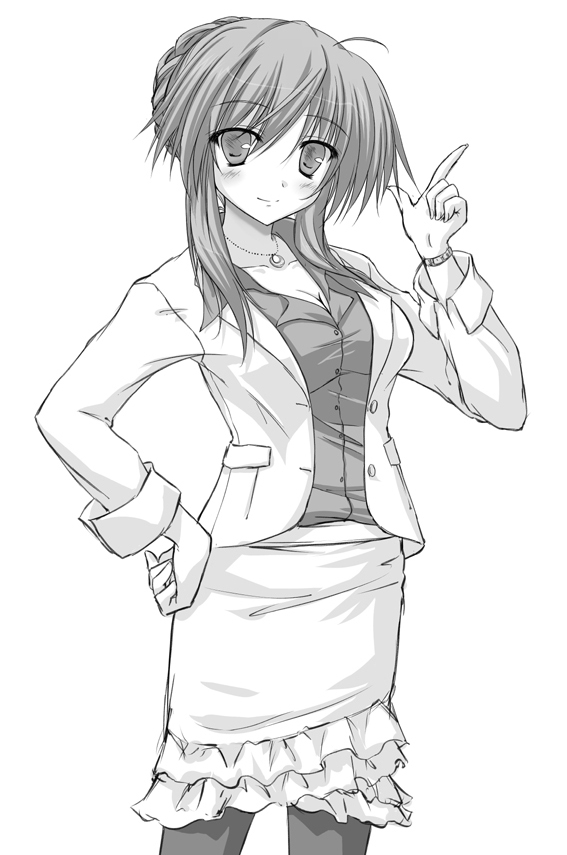 1girl blush breasts female_focus greyscale hand_on_own_hip looking_at_viewer medium_breasts monochrome original pantyhose simple_background smile solo suien white_background