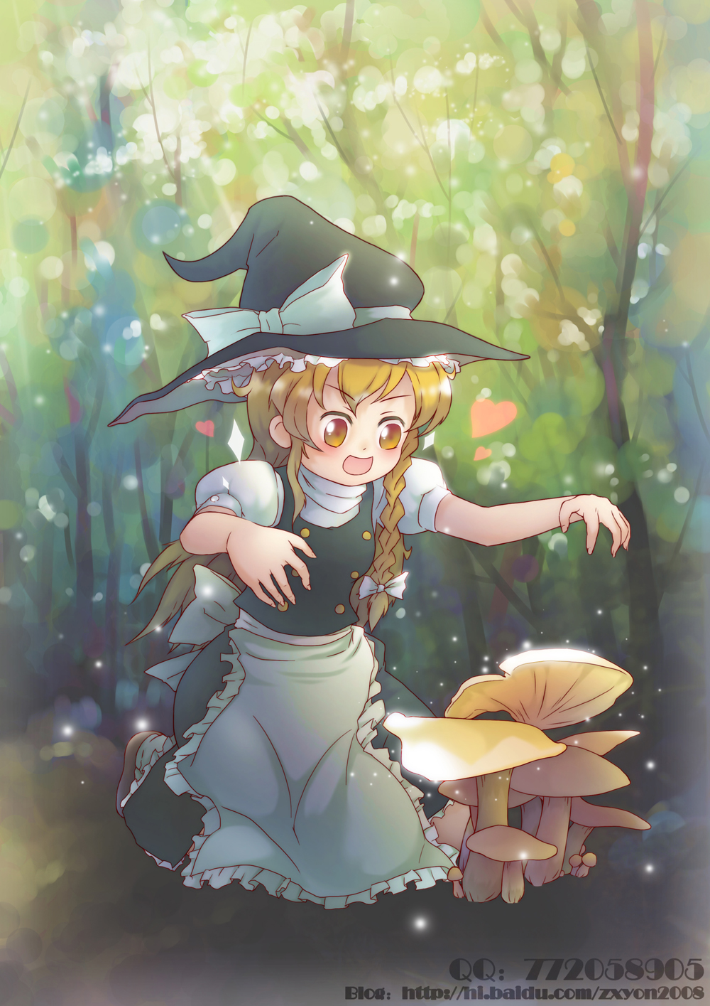 1girl apron forest hat highres kirisame_marisa mushroom nature touhou witch_hat xin_yu_hua_yin