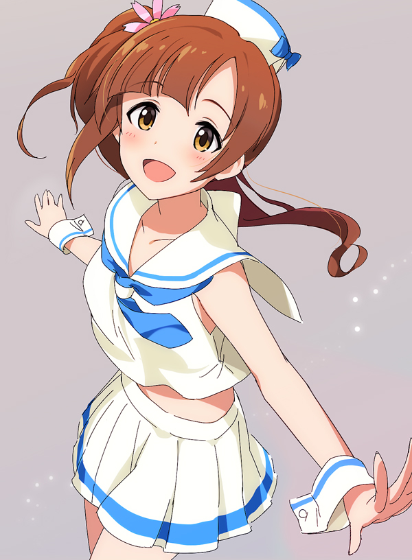 1girl bare_shoulders blue_neckerchief blush bow breasts brown_eyes brown_hair collarbone flower grey_background hair_bow hair_flower hair_ornament hat idolmaster idolmaster_cinderella_girls idolmaster_cinderella_girls_starlight_stage igarashi_kyoko long_hair looking_at_viewer medium_breasts midriff_peek mini_hat natsuya_(natuya777) neckerchief open_mouth outstretched_arms pleated_skirt sailor_collar shirt side_ponytail simple_background skirt sleeveless sleeveless_shirt smile solo white_sailor_collar white_shirt white_wrist_cuffs wrist_cuffs