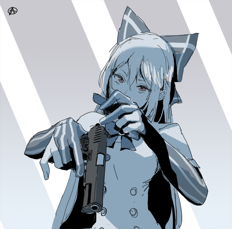 1girl bow circle_a commentary_request dress girls&#039;_frontline gun hair_between_eyes hair_bow handgun holding holding_gun holding_weapon juliet_sleeves long_hair long_sleeves muted_color puffy_sleeves red_eyes simple_background solo tokarev_(girls&#039;_frontline) tokarev_tt-33 upper_body weapon white_dress