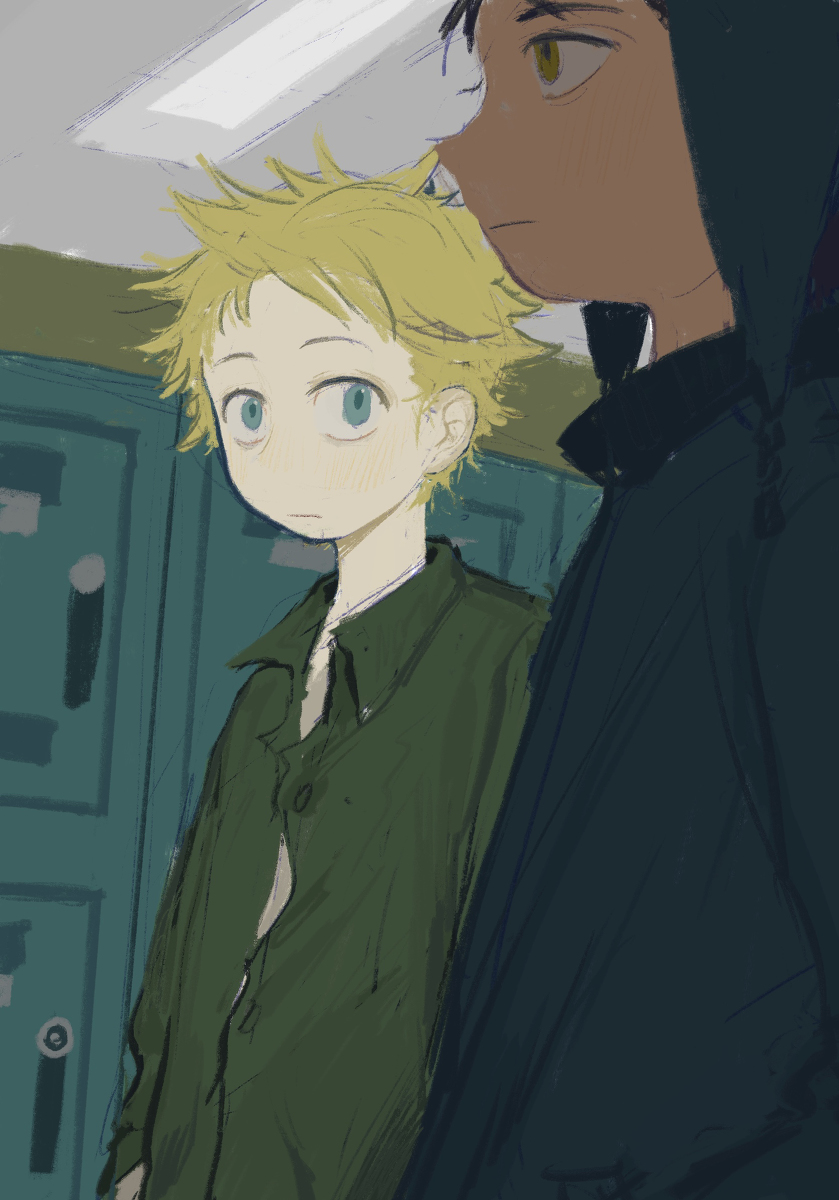 2boys animification black_hair blonde_hair blue_eyes chullo collared_shirt craig_tucker highres jacket kaixinchafang male_focus multiple_boys school shirt south_park tweek_tweak