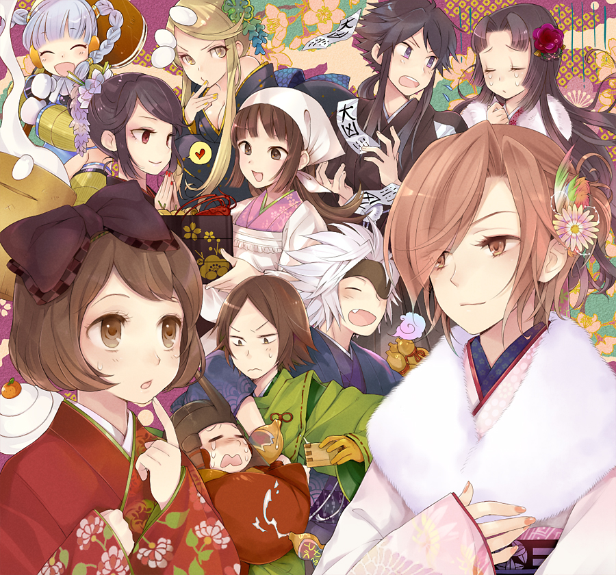 4boys 6+girls :d :o ^_^ azai_nagamasa_(sengoku_basara) bandana black_hair blonde_hair bow braid brown_eyes brown_hair chousokabe_motochika_(sengoku_basara) closed_eyes earmuffs fang flower flying_sweatdrops food fur-trimmed_kimono fur_trim hair_bow hair_bun hair_flower hair_ornament heart hug itsuki_(sengoku_basara) japanese_clothes kasuga_(sengoku_basara) kimono kobayakawa_hideaki_(sengoku_basara) light_blush long_hair looking_at_another matsu_(sengoku_basara) mochi mochi_trail mouri_motonari_(sengoku_basara) multiple_boys multiple_girls new_year nouhime_(sengoku_basara) ocha_(hutuumikan) oichi_(sengoku_basara) omikuji open_mouth parted_lips purple_hair saika_magoichi_(sengoku_basara) sengoku_basara short_hair short_hair_with_long_locks smile spoken_heart sweatdrop tears tsuruhime_(sengoku_basara) twin_braids white_bandana white_hair