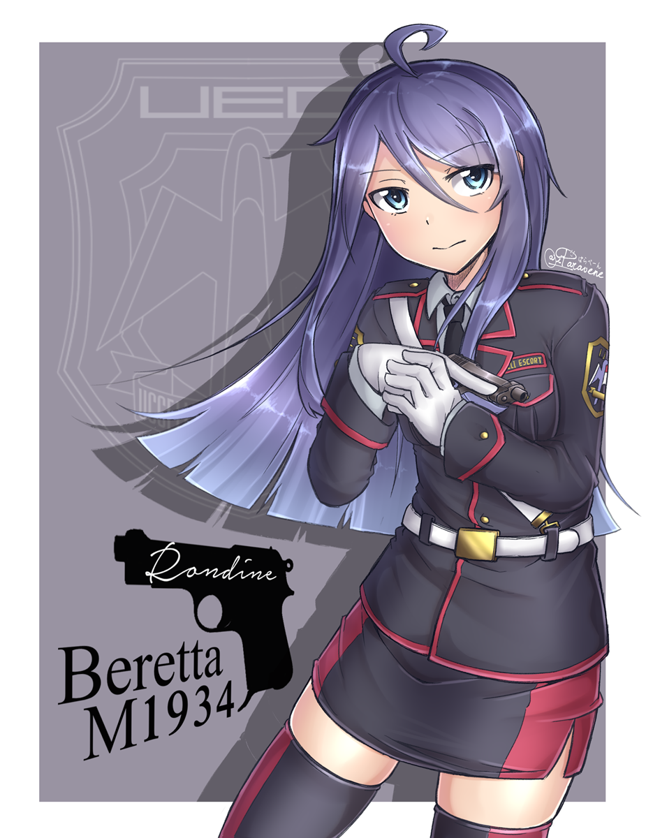 1girl ahoge artist_name bad_id bad_pixiv_id beretta_m1934 bismuth_(paravene) blue_eyes blue_hair female_focus gloves gun gun_sling hair_between_eyes handgun highres long_hair military military_uniform original patch pistol skirt solo thighhighs weapon white_gloves
