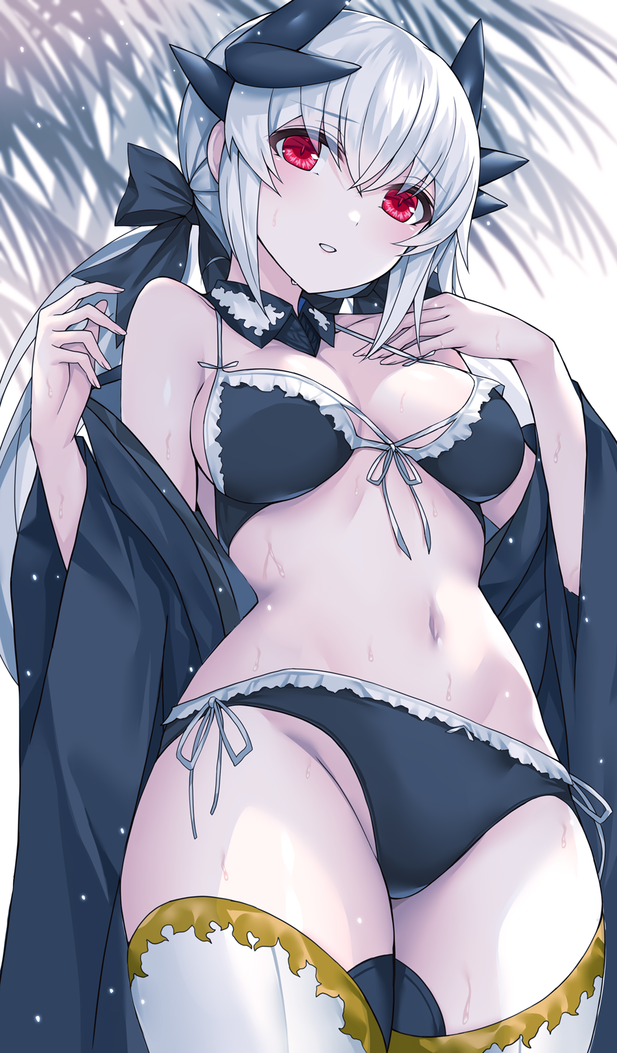 1girl bare_shoulders bikini black_bikini blush breasts dragon_girl dragon_horns fate/grand_order fate_(series) hair_ornament highres horns kiyohime_(fate) large_breasts long_hair long_sleeves looking_at_viewer morizono_shiki parted_lips red_eyes side-tie_bikini_bottom smile solo swimsuit thighhighs thighs white_hair white_thighhighs wide_sleeves