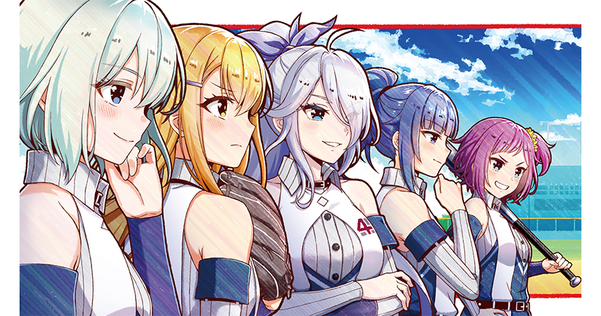 5girls baseball_bat baseball_glove baseball_stadium baseball_uniform belt belt_buckle blonde_hair blue_eyes blue_hair blunt_bangs bow brown_belt buckle cinderella_series closed_mouth cloud detached_sleeves dress eyes_visible_through_hair from_side green_hair grin hachigatsu_no_cinderella_nine hair_bow hair_ornament hair_over_one_eye hair_scrunchie hairclip hanako_(akatsuki) hand_on_own_chin hand_on_own_hip high_ponytail holding holding_baseball_bat kamabe_chiaki kusakari_rena long_hair looking_ahead mashiro_rei_(hachigatsu_no_cinderella_nine) multicolored_dress multiple_girls non-web_source official_art one_eye_covered one_side_up oowada_sachi outdoors parted_lips ponytail purple_bow purple_hair sagara_yoshino scoreboard scrunchie short_hair sky sleeveless sleeveless_dress smile sportswear standing teeth upper_body v-shaped_eyebrows white_hair yellow_eyes yellow_scrunchie