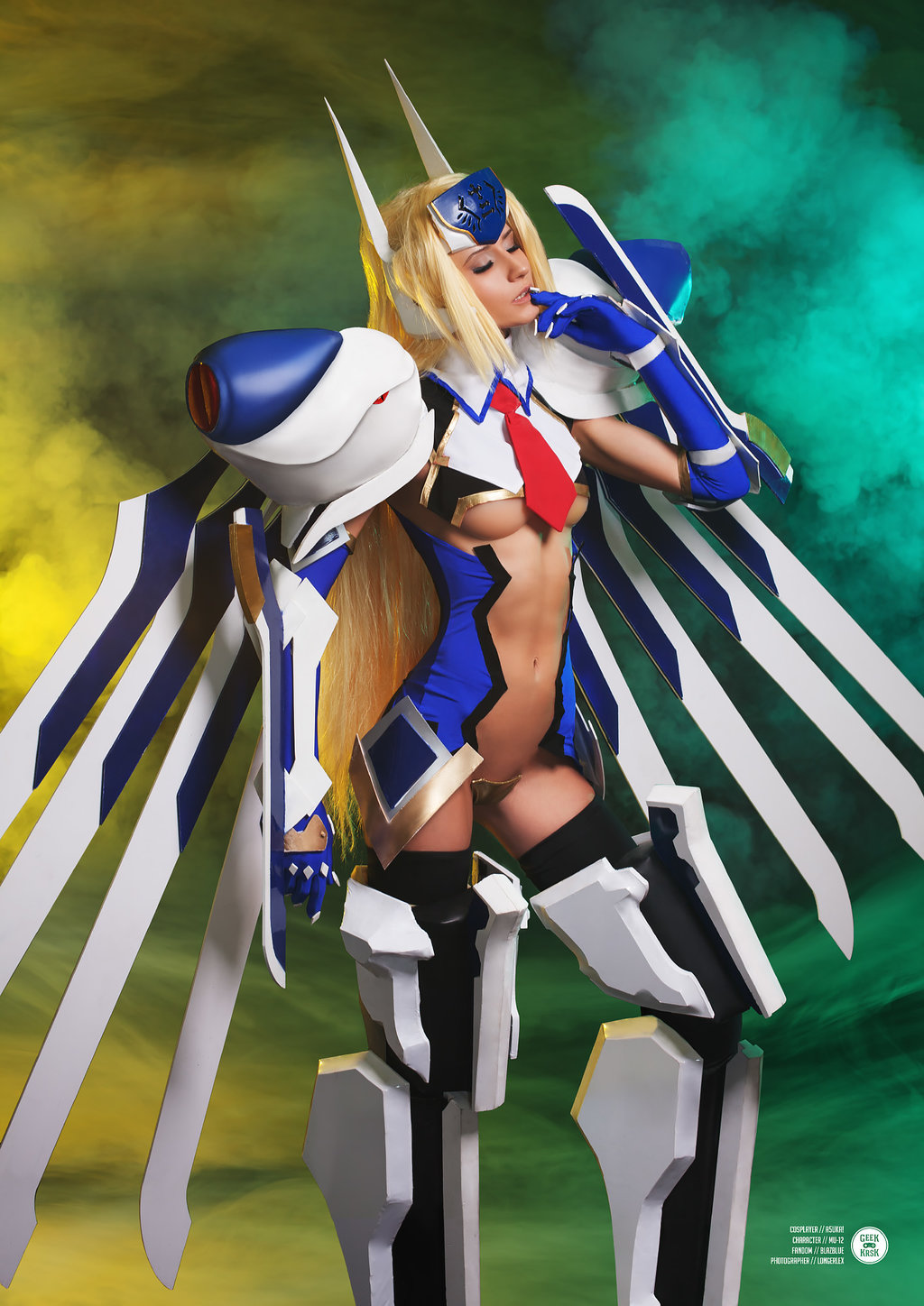 1girl blazblue blonde_hair breasts closed_eyes cosplay crotch_plate elbow_gloves female_focus forehead_protector gloves highres long_hair mu-12 mu-12_(cosplay) navel photo_(medium) revealing_clothes robot_ears solo thighhighs underboob