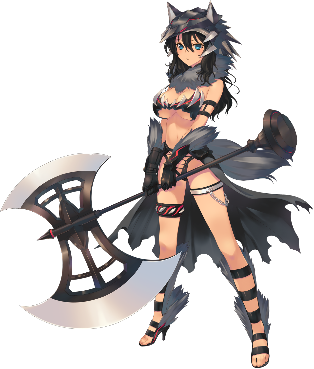 1girl amazuyu_tatsuki aquaplus armlet armor axe bare_shoulders battle_axe bikini_armor black_hair blue_eyes bou_(inubou) breasts cleavage dark-skinned_female dark_skin dungeon_travelers_2 female_focus full_body fur_trim gloves grisherina_efleanor hat high_heels highres holding holding_weapon jewelry large_breasts long_hair looking_at_viewer solo standing thigh_strap transparent_background weapon