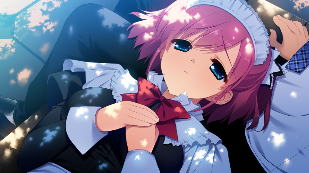 1boy 1girl bench black_bow black_pants black_shirt blue_necktie bow bowtie breasts closed_mouth frilled_bow frills frown fumio_(ura_fmo) game_cg grisaia_(series) grisaia_no_kajitsu hair_bow half-closed_eyes hand_on_bench hands_on_own_chest juliet_sleeves kazami_yuuji komine_sachi lap_pillow long_sleeves maid maid_headdress medium_breasts necktie non-web_source outdoors pants pink_hair plaid_clothes plaid_necktie puffy_sleeves red_bow red_bowtie shirt short_hair swept_bangs upper_body variant_set white_shirt