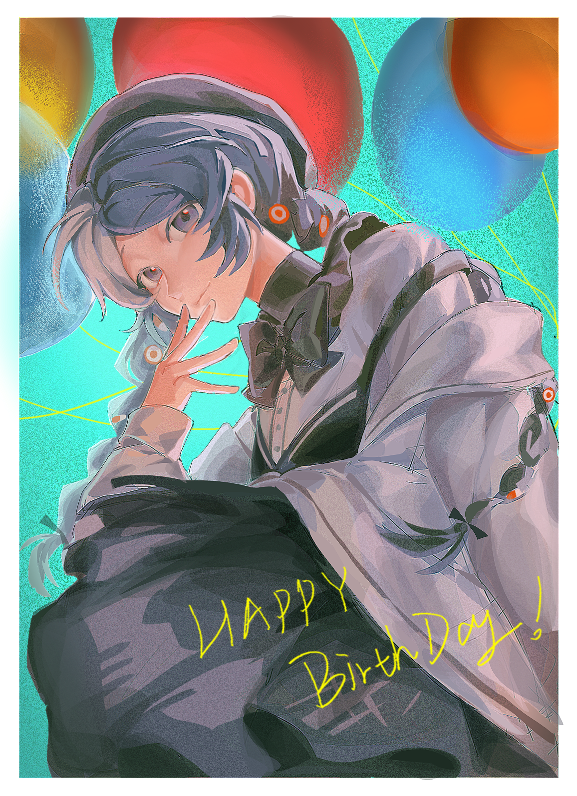 1girl aqua_background balloon balloon_party beret black_bow black_bowtie black_hat black_skirt bow bowtie braid closed_mouth coat fingers_to_mouth grey_eyes grey_hair hand_up happy_birthday hat highres long_hair looking_at_viewer low_twin_braids luanbu overall_skirt reverse:1999 shirt skirt solo too_many_balloons twin_braids upper_body white_coat white_shirt