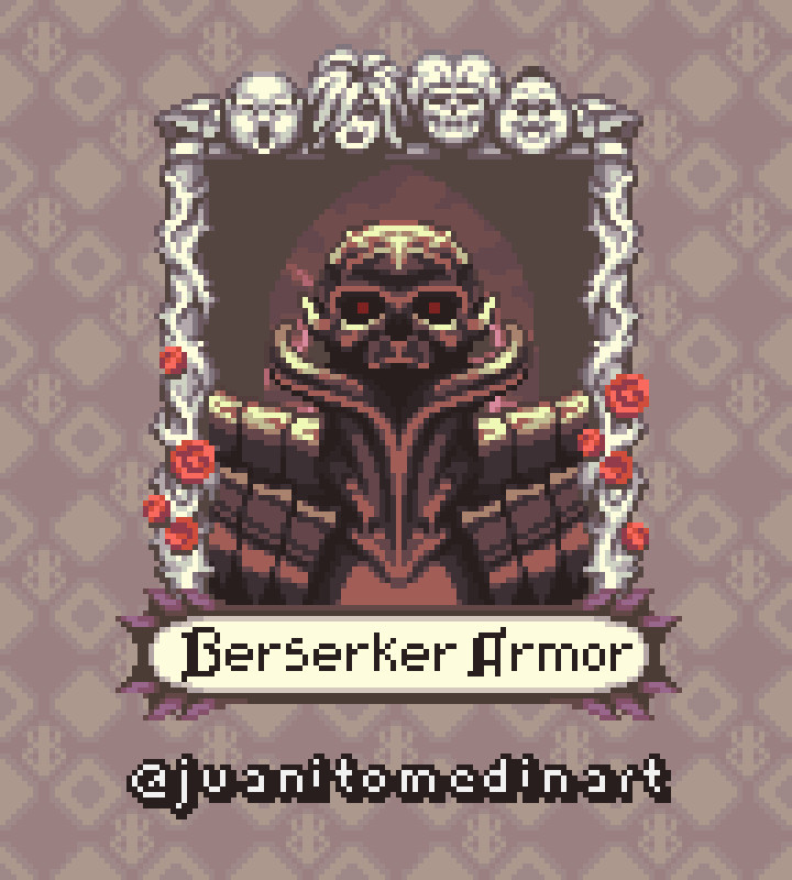 armor artist_name berserk berserker_armor black_armor border brand_of_sacrifice conrad_(berserk) eclipse fantasy flower full_armor guts_(berserk) helm helmet juanito_medina male_focus name_tag pixel_art portrait red_eyes rose skull_knight_(berserk) slan_(berserk) solo sprite sprite_art twitter_username ubik_(berserk) void_(berserk)