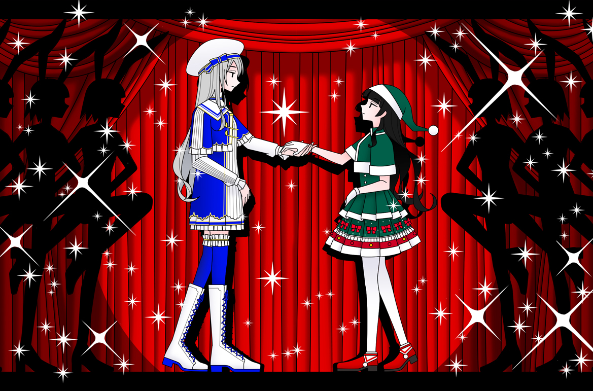 6+girls beret black_eyes black_hair blue_dress blue_jacket blue_thighhighs blunt_bangs boots closed_mouth commentary_request cropped_jacket cross-laced_footwear curtains dress drop_shadow expressionless eye_contact from_side gloves green_dress green_hat green_jacket grey_hair hat heel_up higuchi_kaede higuchi_kaede_(7th_costume) hinoyama_ena holding_hands jacket jitome knee_boots kumeta_kouji_(style) layered_sleeves long_hair long_sleeves looking_at_another multiple_girls nijisanji profile recurring_image red_footwear santa_costume santa_dress santa_hat short_dress short_over_long_sleeves short_sleeves silhouette sparkle spotlight stage stage_curtains thighhighs tsukino_mito tsukino_mito_(santa) virtual_youtuber white_footwear white_gloves