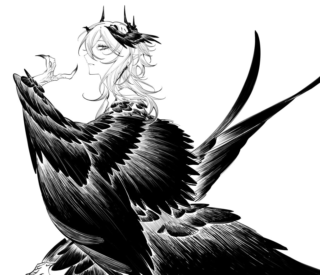 1boy acell1224 androgynous arknights bare_shoulders bird_wings chinese_commentary demon_horns earrings extra_arms feathered_wings from_side greyscale hair_between_eyes hand_up harpy_boy head_wings horns index_finger_raised jewelry logos_(arknights) looking_at_viewer male_focus medium_hair mole mole_under_eye monochrome monster_boy monsterification multiple_wings own_hands_together parted_lips pointy_ears profile sideways_glance simple_background solo talons white_background winged_arms wings
